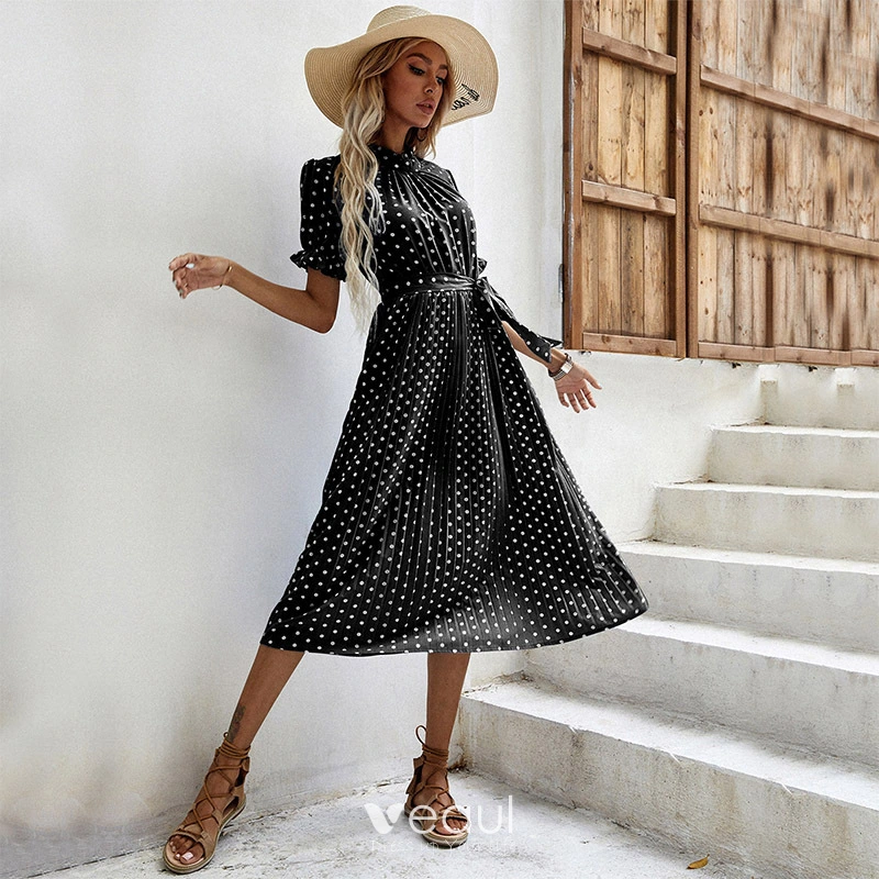 Chic Beautiful Summer Sky Blue Street Wear Spotted Sash Women Dresses 2021 High Neck Short Sleeve
