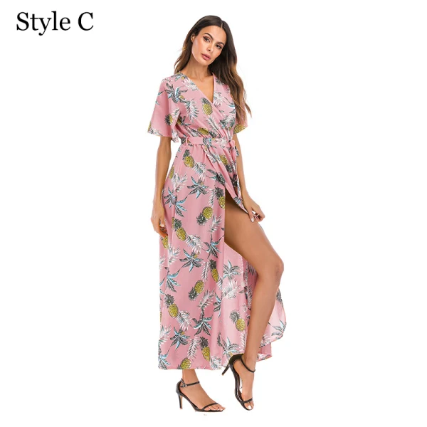 Summer Black Street Wear Beach Floral Maxi Dresses 2021 V-Neck Short Sleeve Women Dresses