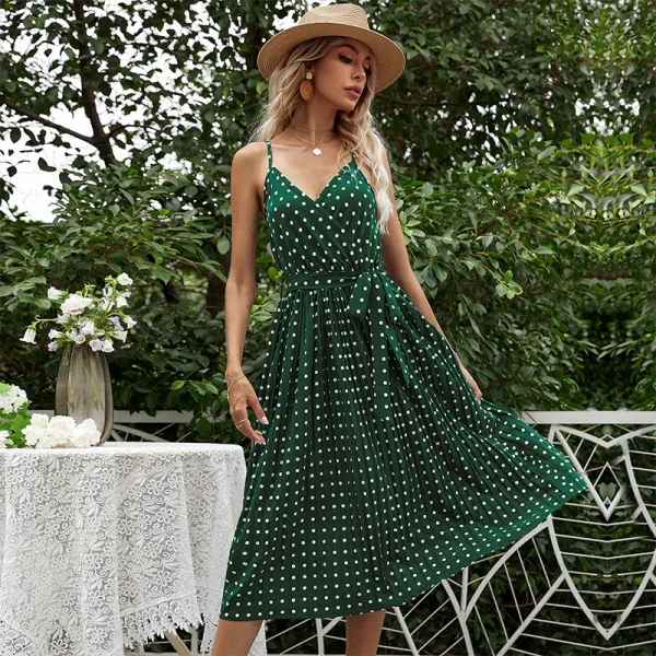 Chic / Beautiful Summer Street Wear Ocean Blue Spotted Maxi Dresses 2021 V-Neck Sleeveless Cami Sash