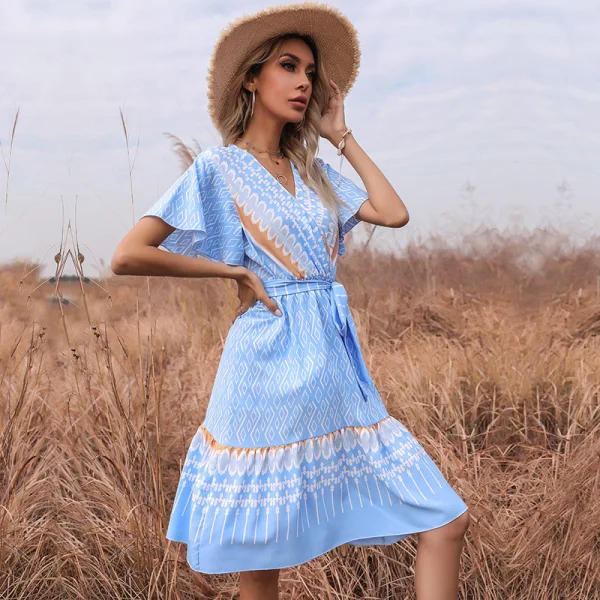 Summer Street Wear Resort Wear Beach Sky Blue Printing Women Dresses 2021 V-Neck Short Sleeve Sash