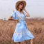 Summer Street Wear Resort Wear Beach Sky Blue Printing Women Dresses 2021 V-Neck Short Sleeve Sash
