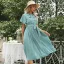 Fashion Summer Street Wear Mint Green Bow Women Dresses 2021 V-Neck Sash Short Sleeve Tea-length