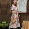 Été Rougissant Rose Vêtement de rue Impression Robes longues 2021 Encolure Dégagée Noeud Ceinture Manches Courtes Thé Longueur Femme Robes