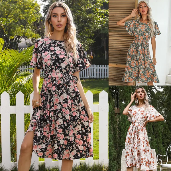 Summer Street Wear Floral Pool Blue Women Dresses 2021 Scoop Neck Short Sleeve Sash Tea-length
