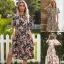 Summer Street Wear Floral Pool Blue Women Dresses 2021 Scoop Neck Short Sleeve Sash Tea-length