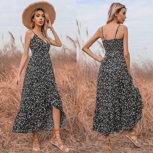 Été Vêtement de rue Floral Noire Robes longues 2021 Bretelles Spaghetti Chiffon Sans Manches Thé Longueur Femme Robes