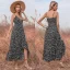 Été Vêtement de rue Floral Noire Robes longues 2021 Bretelles Spaghetti Chiffon Sans Manches Thé Longueur Femme Robes