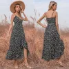 Summer Street Wear Floral Black Maxi Dresses 2021 Spaghetti Straps Chiffon Sleeveless Tea-length Women Dresses