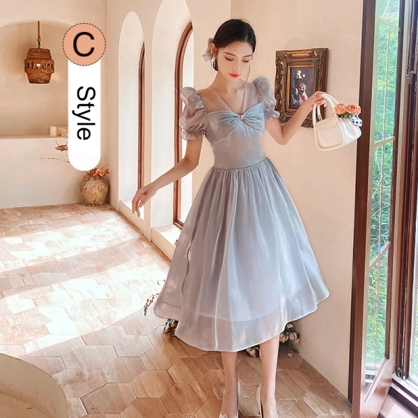 Modest / Simple Grey Bridesmaid Dresses 2021 A-Line / Princess Short Sleeve Bow Backless Tea-length Bridesmaid Wedding Party Dresses