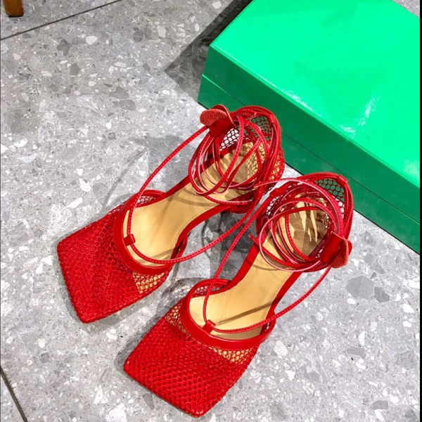 Fashion Summer Green Street Wear Womens Sandals 2021 Pierced Ankle Strap Square Toe 8 cm Stiletto Heels Sandals High Heels