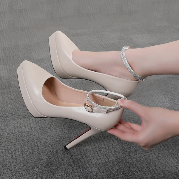 Schöne Schwarz Abend Pumps 2021 Wasserdichte Knöchelriemen 12 cm Stilettos Spitzschuh Pumps Hochhackige
