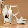Charming Champagne Rhinestone Wedding Shoes 2021 Leather 12 cm Stiletto Heels T-Strap Open / Peep Toe Wedding Sandals High Heels
