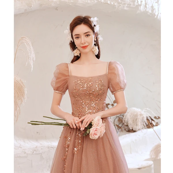 Vintage / Originale Rougissant Rose Glitter Perlage Paillettes Robe De Soirée 2021 Princesse Appliques Encolure Carrée Manches Courtes Dos Nu Longue Soirée Robe De Ceremonie