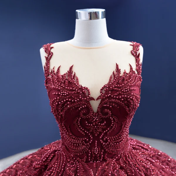Haut de Gamme Bordeaux Perlage Perle Paillettes En Dentelle Fleur Robe De Bal 2021 Robe Boule Encolure Dégagée Manches Longues Dos Nu Tribunal Train Robe De Ceremonie