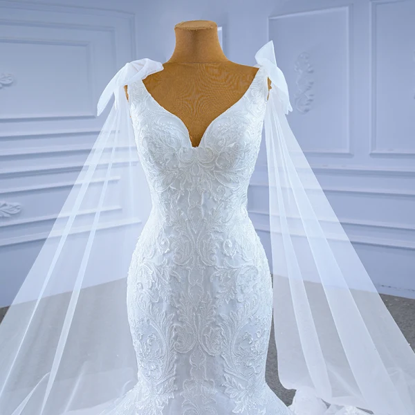 High End Weiß Spitze Blumen Brautkleider / Hochzeitskleider 2021 Meerjungfrau V-Ausschnitt Lange Ärmel Rückenfreies Hof-Schleppe Hochzeit
