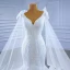 High End Weiß Spitze Blumen Brautkleider / Hochzeitskleider 2021 Meerjungfrau V-Ausschnitt Lange Ärmel Rückenfreies Hof-Schleppe Hochzeit