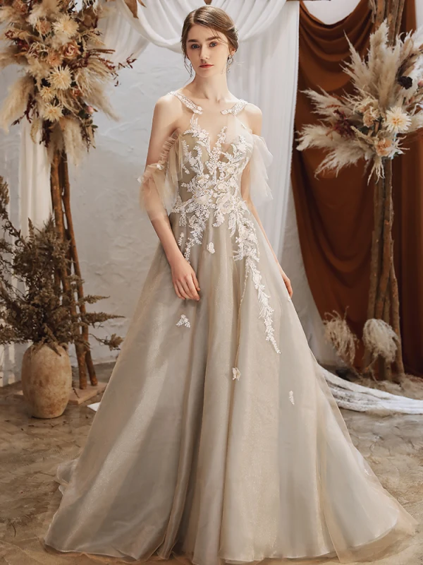 Modern / Fashion Grey Prom Dresses 2021 A-Line / Princess Halter Beading Lace Flower Short Sleeve Backless Sweep Train Prom Formal Dresses