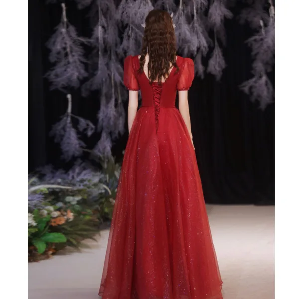 Charming Burgundy Glitter Evening Dresses 2021 A-Line / Princess V-Neck Beading Sequins Short Sleeve Backless Floor-Length / Long Formal Dresses