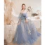 Charmant Bleu Ciel En Dentelle Fleur Robe De Bal 2021 Princesse De l'épaule Ceinture Noeud Manches Courtes Dos Nu Longue Promo Robe De Ceremonie