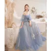 Charming Sky Blue Lace Flower Prom Dresses 2021 A-Line / Princess Off-The-Shoulder Sash Bow Short Sleeve Backless Floor-Length / Long Prom Formal Dresses