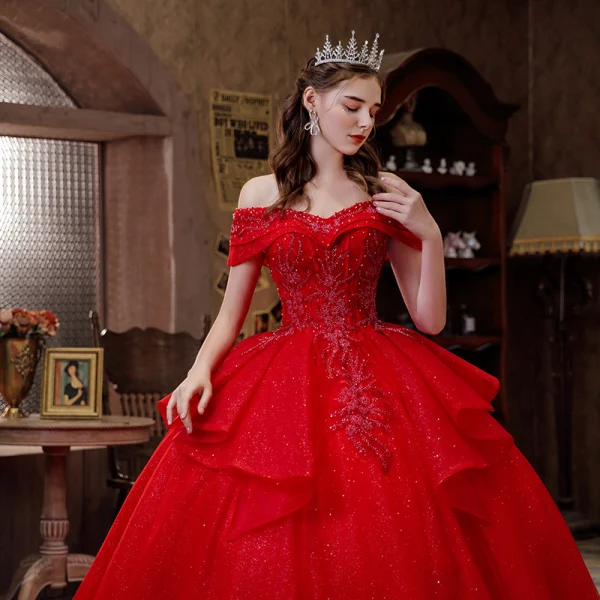 Charming Red Glitter Beading Cascading Ruffles Wedding Dresses 2021 Ball Gown Off-The-Shoulder Short Sleeve Backless Royal Train Wedding