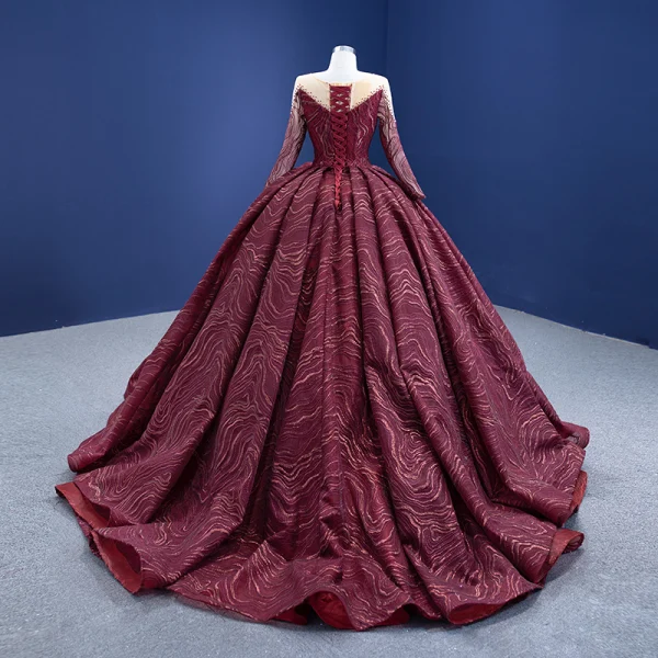High-end Burgundy Beading Sequins Prom Dresses 2021 Scoop Neck Long Sleeve Court Train Prom Formal Dresses