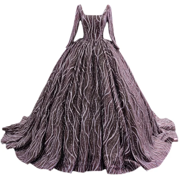 High End Kaffee Glanz Pailletten Ballkleider 2021 Ballkleid Eckiger Ausschnitt Lange Ärmel Hof-Schleppe Ball Festliche Kleider