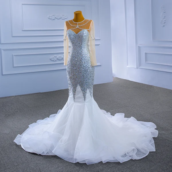Sparkly Charming Silver Beading Sequins Rhinestone 2021 Trumpet / Mermaid Scoop Neck Long Sleeve Court Train Wedding Dresses
