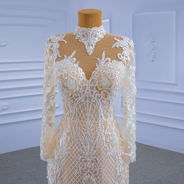 High-end Champagne Pearl Lace Flower Wedding Dresses 2021 Trumpet / Mermaid High Neck Long Sleeve Floor-Length / Long Wedding