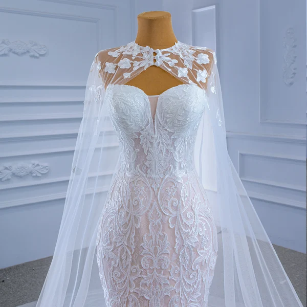 Charming Champagne Beading Lace Flower Wedding Dresses 2021 Trumpet / Mermaid Strapless Long Sleeve Backless Court Train Wedding