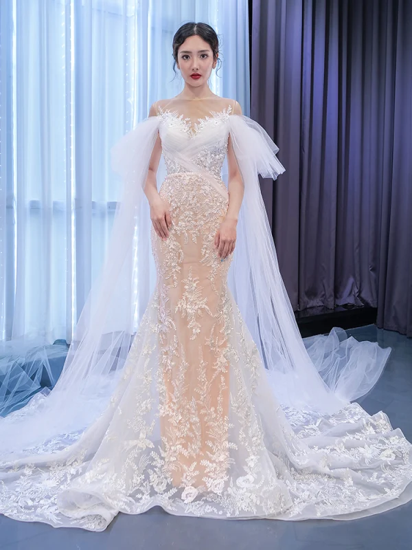 High-end Charming White Watteau Train Wedding Dresses 2021 Trumpet / Mermaid Scoop Neck Beading Pearl Sequins Lace Flower Sleeveless Chapel Train Wedding