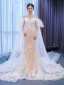 High-end Charming White Watteau Train Wedding Dresses 2021 Trumpet / Mermaid Scoop Neck Beading Pearl Sequins Lace Flower Sleeveless Chapel Train Wedding