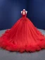 Charming Red Ruffle Wedding Dresses 2021 Ball Gown High Neck Beading Rhinestone Sleeveless Backless Cathedral Train Wedding