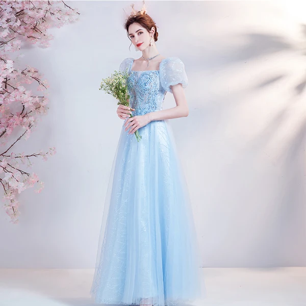 Chic / Belle Bleu Ciel Robe De Bal Robe De Bal 2021 Princesse Encolure Carrée Perlage Perle Paillettes En Dentelle Fleur Manches Courtes Dos Nu Longue Promo Robe De Ceremonie