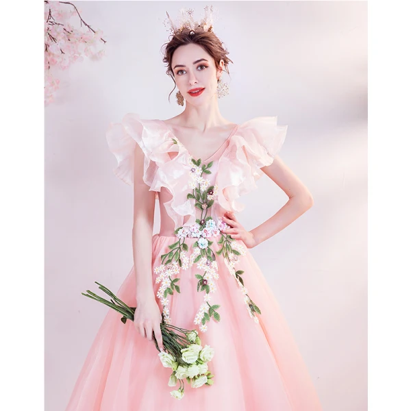 Flower Fairy Candy Pink Ruffle Prom Dresses 2021 A-Line / Princess V-Neck Lace Flower Appliques Long Sleeve Backless Floor-Length / Long Prom Formal Dresses