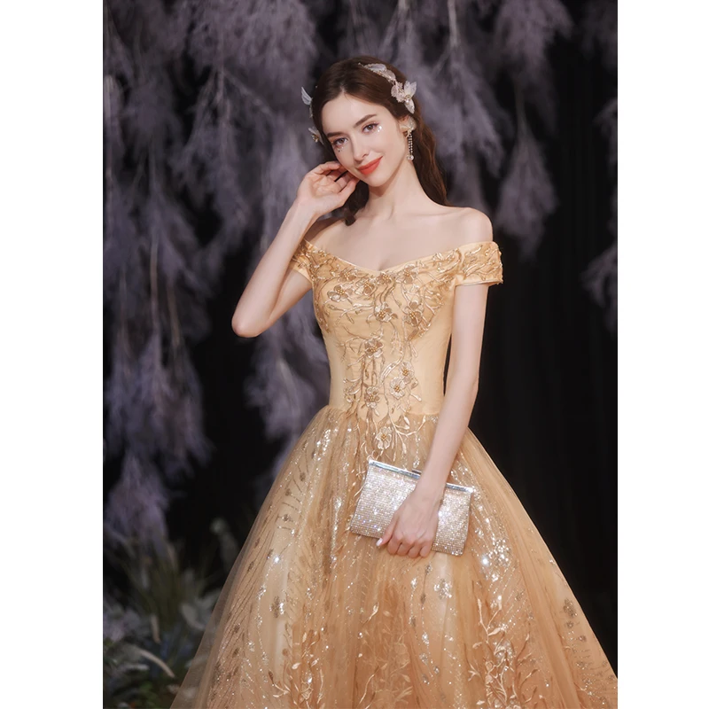 Chic Beautiful Gold Prom Dresses 2021 A-Line Princess Off-The-Shoulder Sleeveless Lace