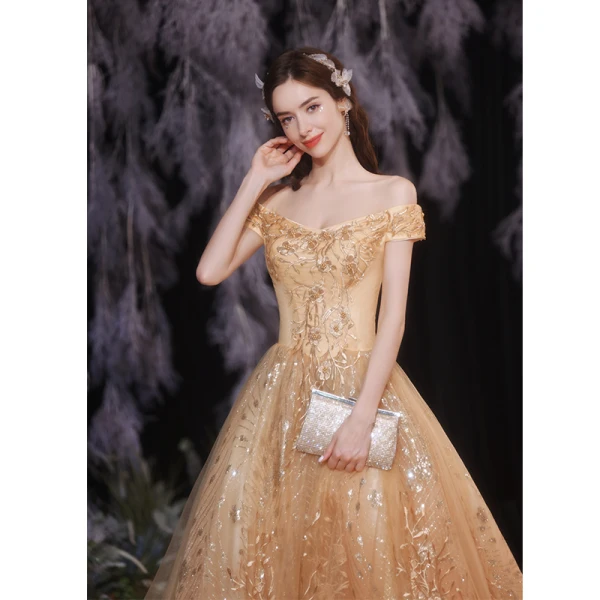 Chic / Belle Doré Robe De Bal 2021 Princesse De l'épaule Sans Manches En Dentelle Fleur Perlage Perle Dos Nu Longue Promo Robe De Ceremonie