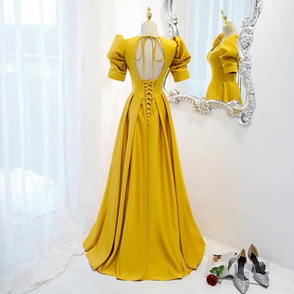 Vintage Retro Gold Prom Dresses 2021 A-Line Princess Floor-Length Long V-Neck Puffy Prom