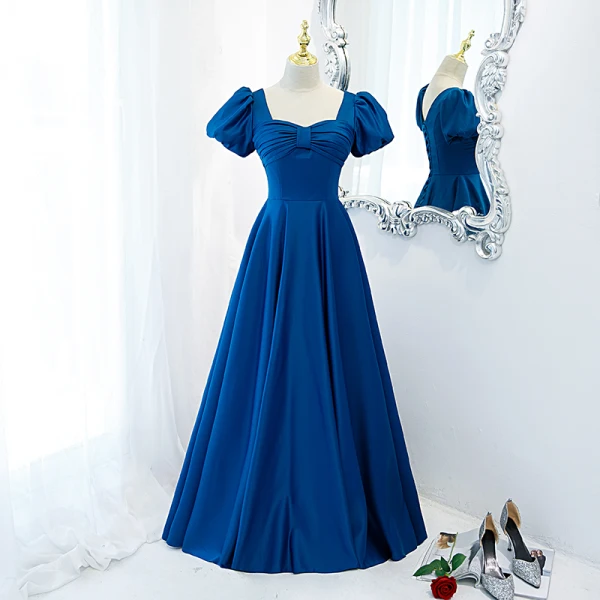 Vintage / Originale Océan Bleu Satin Robe De Bal 2021 Princesse Encolure Carrée Gonflée Manches Courtes Dos Nu Longue Promo Robe De Ceremonie