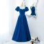 Vintage / Originale Océan Bleu Satin Robe De Bal 2021 Princesse Encolure Carrée Gonflée Manches Courtes Dos Nu Longue Promo Robe De Ceremonie