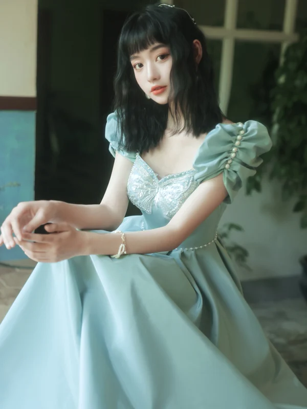 Chic / Beautiful Mint Green Homecoming Graduation Dresses 2021 A-Line / Princess Square Neckline Beading Pearl Ruffle Short Sleeve Backless Floor-Length / Long Formal Dresses