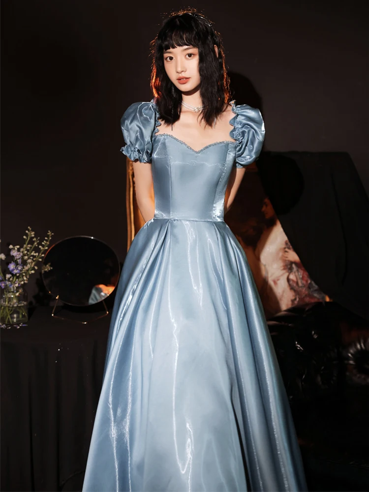 Fashion Sky Blue Prom Dresses 2021 A Line Princess Square Neckline Ruffle  Short Sleeve Backless Floor Length Long Prom Formal Dresses