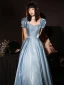 Fashion Sky Blue Prom Dresses 2021 A-Line / Princess Square Neckline Ruffle Short Sleeve Backless Floor-Length / Long Prom Formal Dresses
