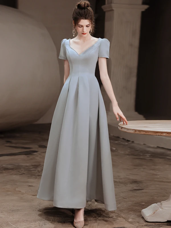 Vintage / Retro Silver Grey Satin Prom Dresses 2021 A-Line / Princess V-Neck Beading Pearl Sequins Short Sleeve Backless Floor-Length / Long Prom Formal Dresses