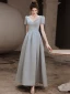 Vintage / Retro Silver Grey Satin Prom Dresses 2021 A-Line / Princess V-Neck Beading Pearl Sequins Short Sleeve Backless Floor-Length / Long Prom Formal Dresses