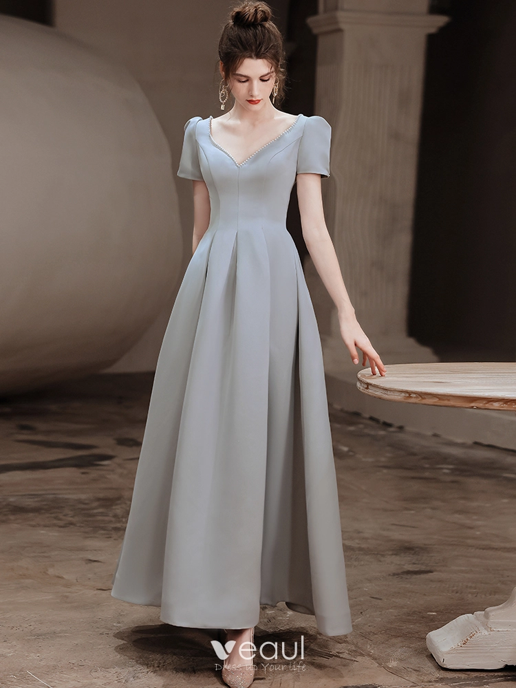 Vintage Retro Silver Grey Satin Prom Dresses 2021 A Line Princess V Neck Beading Pearl Sequins Short Sleeve Backless Floor Length Long Prom Formal Dresses
