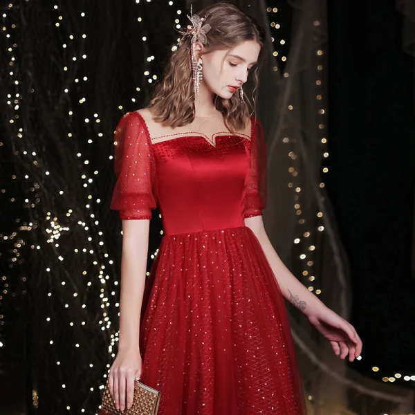 Charming Burgundy Prom Dresses 2021 A-Line / Princess Scoop Neck Beading Sequins Short Sleeve Backless Floor-Length / Long Prom Formal Dresses