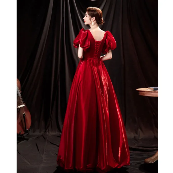 Vintage / Retro Burgundy Satin Prom Dresses 2021 A-Line / Princess V-Neck Rhinestone Bell sleeves Backless Floor-Length / Long Prom Formal Dresses
