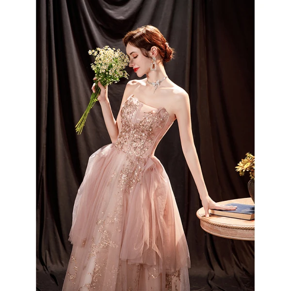 Charmant Rougissant Rose Robe De Bal 2021 Princesse Bustier Sans Manches Dos Nu Perlage Paillettes Longue Promo Robe De Ceremonie