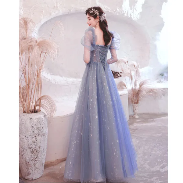 Charming Sky Blue Prom Dresses 2021 A-Line / Princess Square Neckline Beading Star Sequins Rhinestone Long Sleeve Backless Floor-Length / Long Prom Formal Dresses